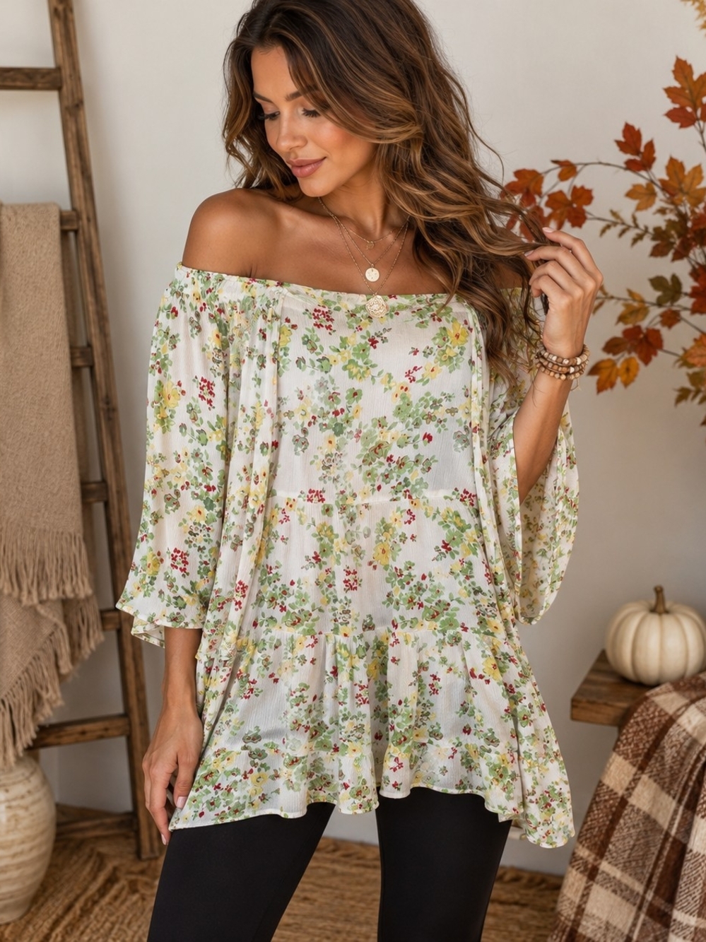 Cactus + Pearl Floral Off Shoulder Boho Tunic Top Bell Sleeve Cottagecore Small
